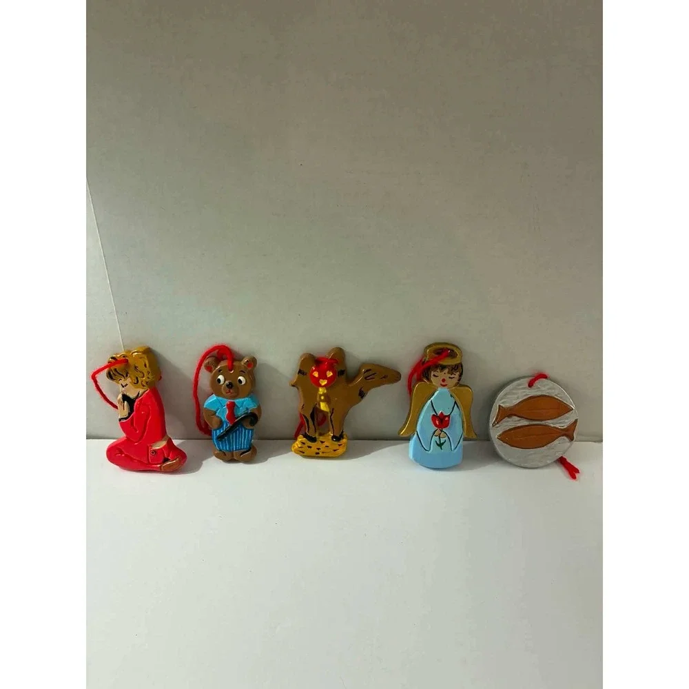 Vintage Handmade Christmas Ornament Lot of 5 Angel Reindeer Bear Child Fish 1974
